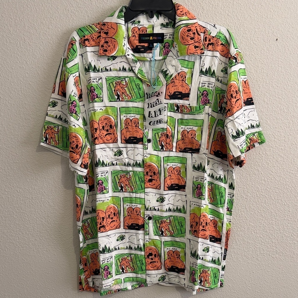 Teddy Fresh Art Club Loudmouth Men's Comic Print Shirt - Green and Orange Unisex